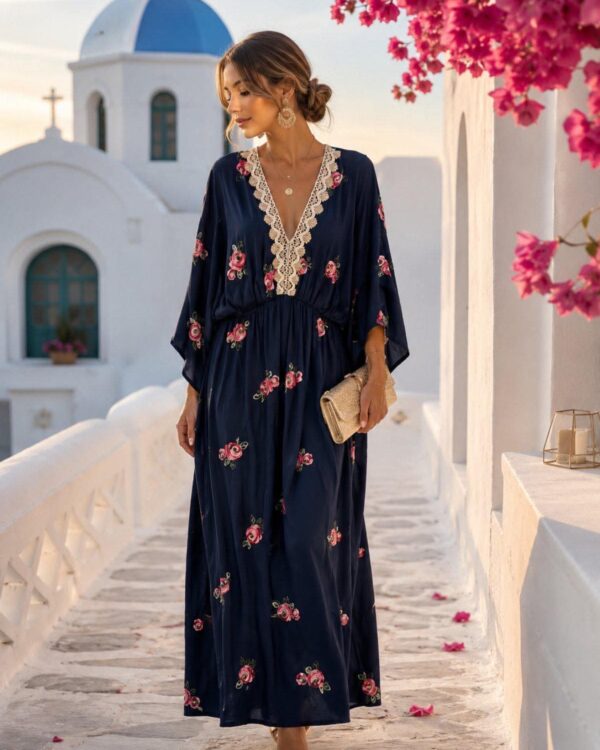 Woman in a navy floral maxi dress with lace neckline walks along a white stone path, holding a beige clutch, with pink flowers nearby and a blue-domed church in the background
