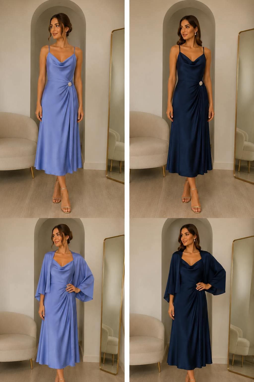 saten midi forema me ntrape ntekolte kai apospwmenh kapa(1) Model wearing a light blue satin midi dress with a draped wrap detail and a jeweled waist embellishment, standing in a showroom.