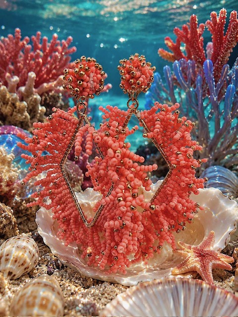 Red coral-shaped necklace draped over a scallop shell on a vibrant reef, with starfish and colorful corals in the background.