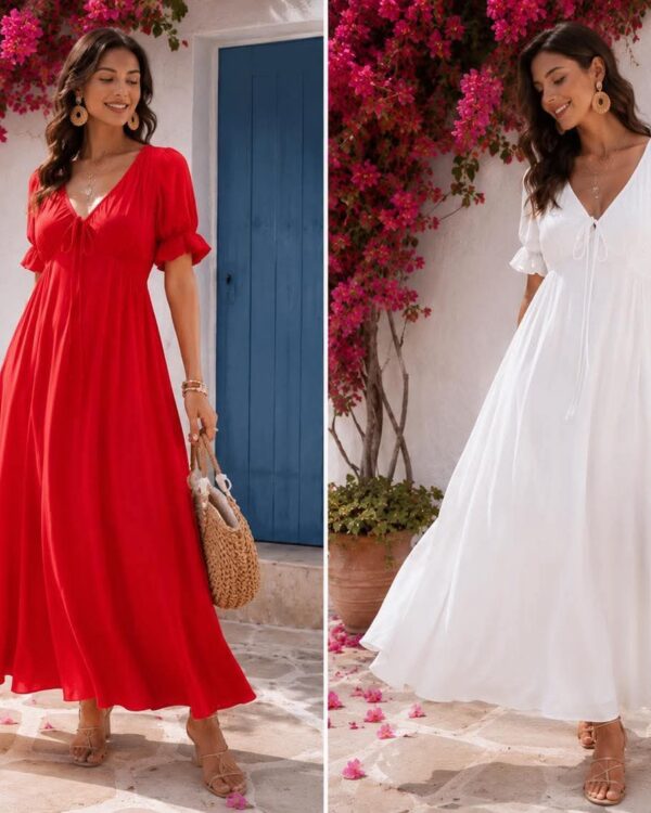 Two women in long, flowing dresses—red on the left and white on the right—holding woven straw bags with pink bougainvillea and blue doors behind them.