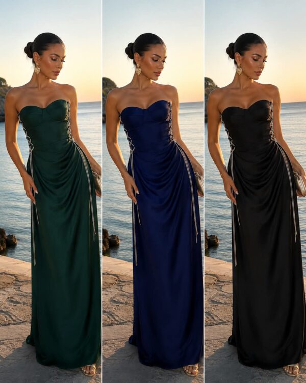 Tri-panel photo of a woman by the sea wearing a strapless, floor-length dress with lace-up sides; shown in green, blue, and black options against a sunset backdrop.