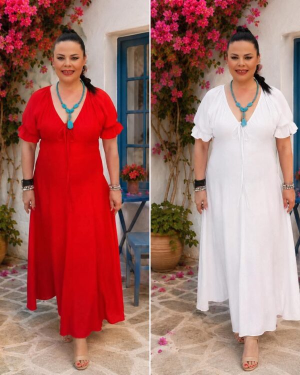 Two side-by-side photos: woman in red maxi dress (left) and white maxi dress (right) with turquoise jewelry outdoors.