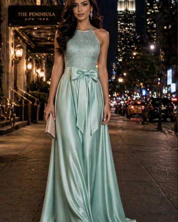 Woman wearing a mint-green, floor-length gown with a bow at the waist, walking on a city street at night.