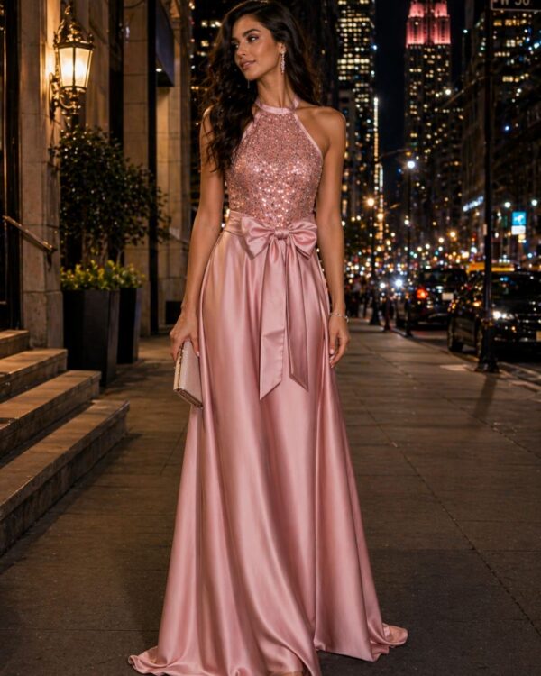 Woman in a blush pink sequined halter gown with a satin bow at the waist, standing on a city sidewalk at night holding a clutch.