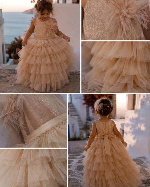 Little girl in a sparkling champagne tulle dress with a floral headband, posing by the seaside at sunset (collage).