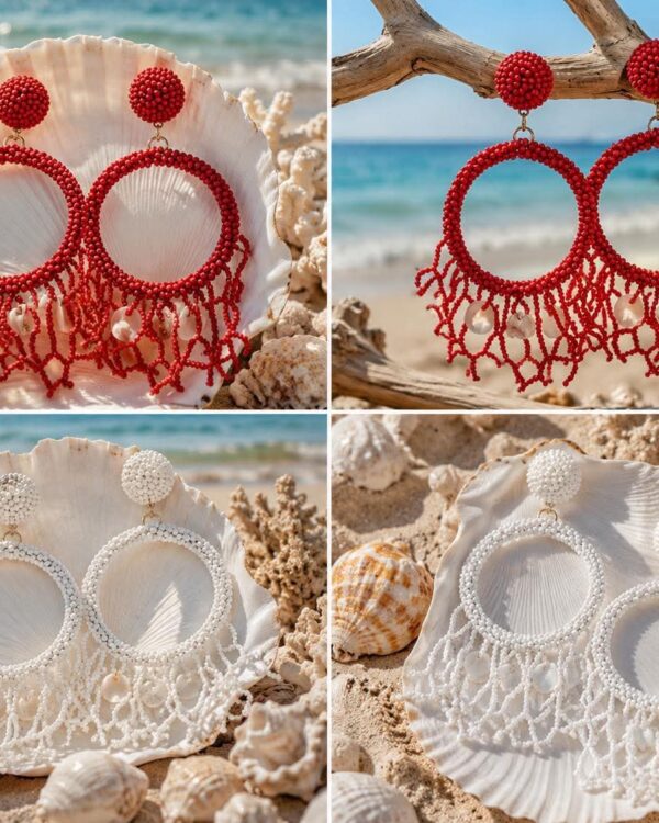Collage of beach-themed beaded hoop earrings in red and white displayed on shells and driftwood.