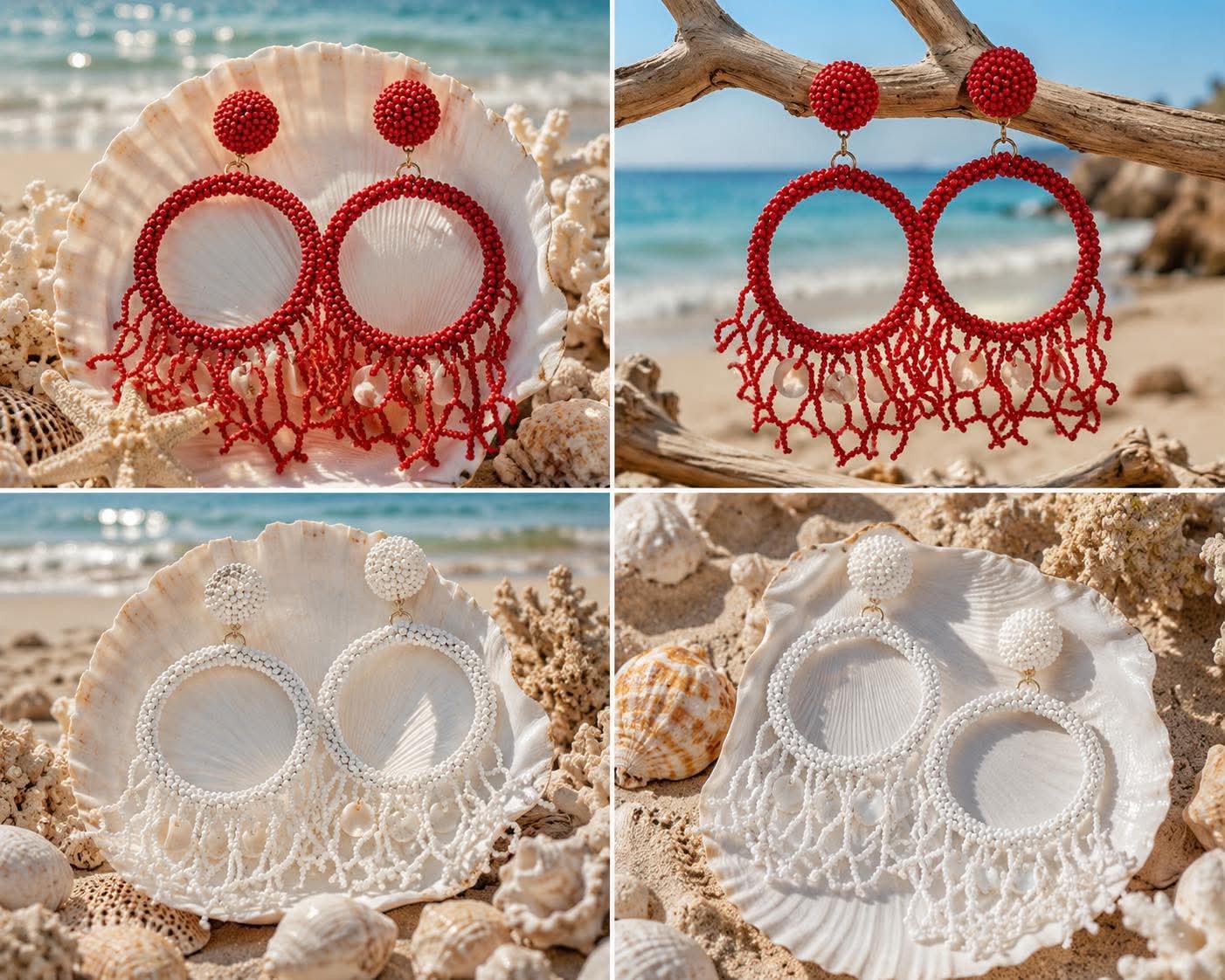 xeiropoihta sloularikia krikoi me xantres kai krossia(1) Collage of beach-themed beaded hoop earrings in red and white displayed on shells and driftwood.