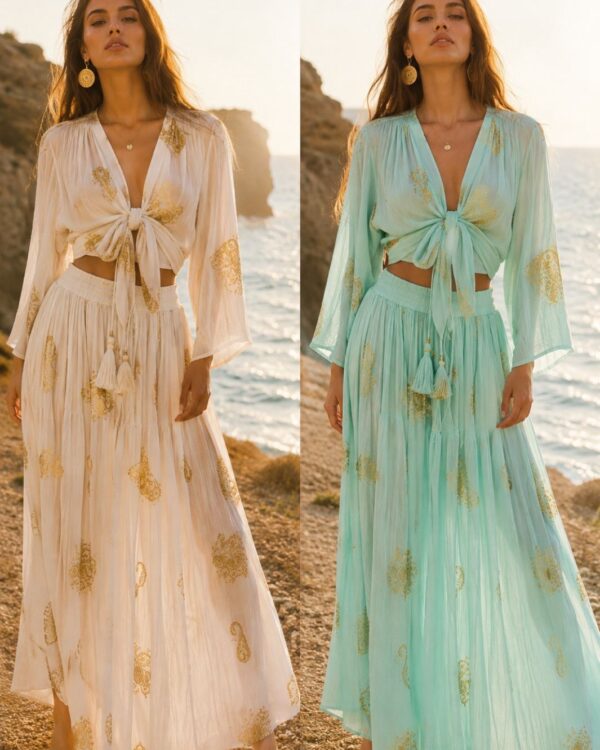 Two women stand barefoot on a rocky coastline at sunset, wearing flowy boho maxi dresses with tie-front waists—cream on the left, mint on the right, gold embroidery.