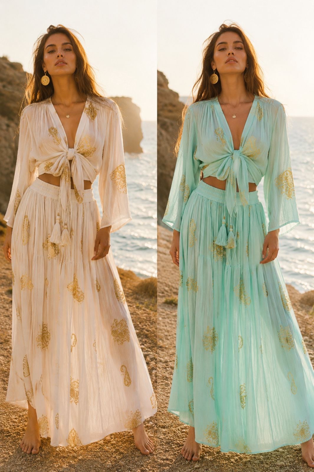 boho luxe set resort crop tom me desimo kai maxi fousta (2) Two women stand barefoot on a rocky coastline at sunset, wearing flowy boho maxi dresses with tie-front waists—cream on the left, mint on the right, gold embroidery.