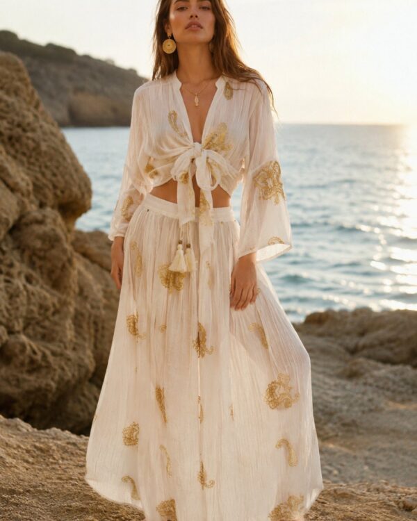 Woman stands barefoot on rocky shoreline at sunset, wearing a white embroidered tie-front dress and gold jewelry by the sea.