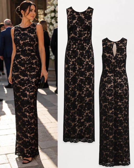 Woman in a floor-length black lace evening gown with nude lining, posing outdoors; two lace dress pattern swatches on the right.