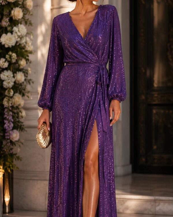 Elegant woman in a purple sequin wrap dress with a high slit, standing on marble steps with a gold clutch and sandals.