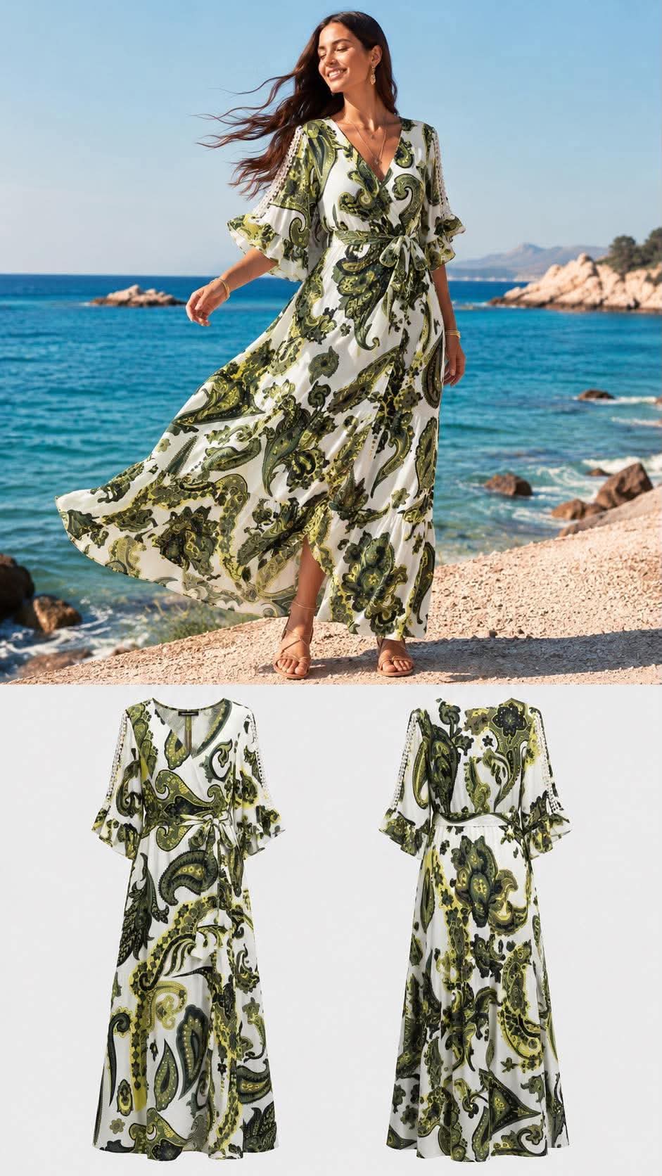 maxi emprime forema krouaze me zwnh se leuko /ladi(2) Woman in a white and green paisley wrap maxi dress walking along a rocky beach by the ocean, wind in her hair.
