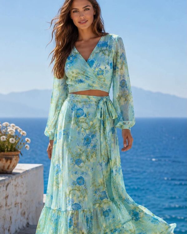 Model in a light blue floral maxi dress walking along a seaside walkway with the sea and mountains in the background, watermark 'missvanity.gr' visible at top.
