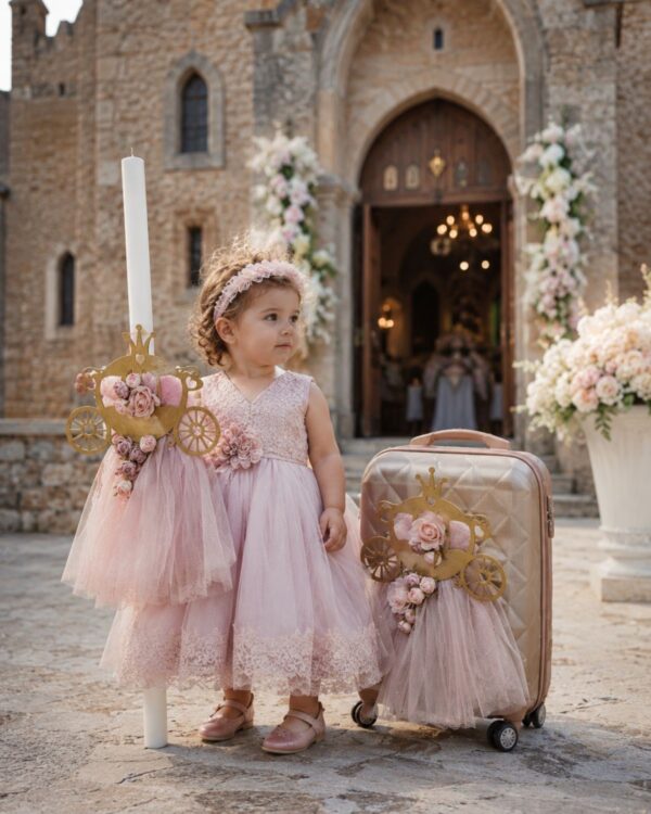 Young girl in a pale pink lace dress stands beside a matching pink suitcase, holding a tall white candle with a gold floral carriage, outside a stone church adorned with flowers.