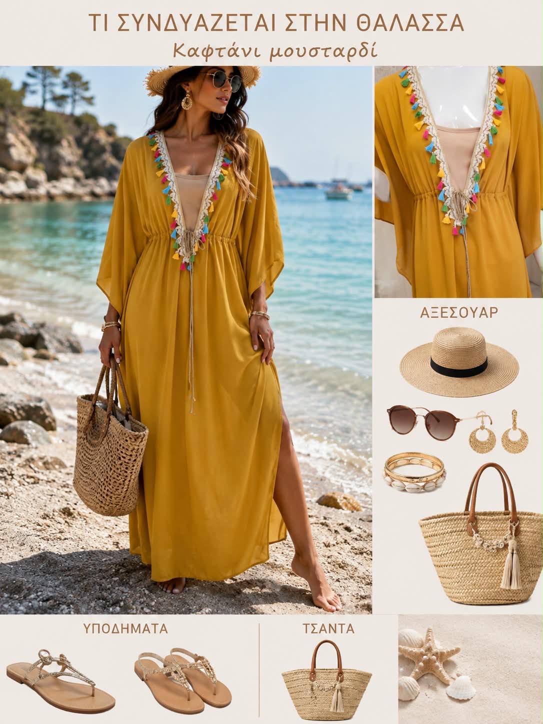 kaftani me poluxrwma krossia(2) Woman in mustard beach dress with colorful tassel necklace, hat, and woven bag by turquoise sea.