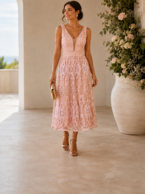 Woman wearing a pink lace midi dress with a plunging neckline, standing indoors beside a large vase of flowers, carrying a small clutch and wearing beige sandals.