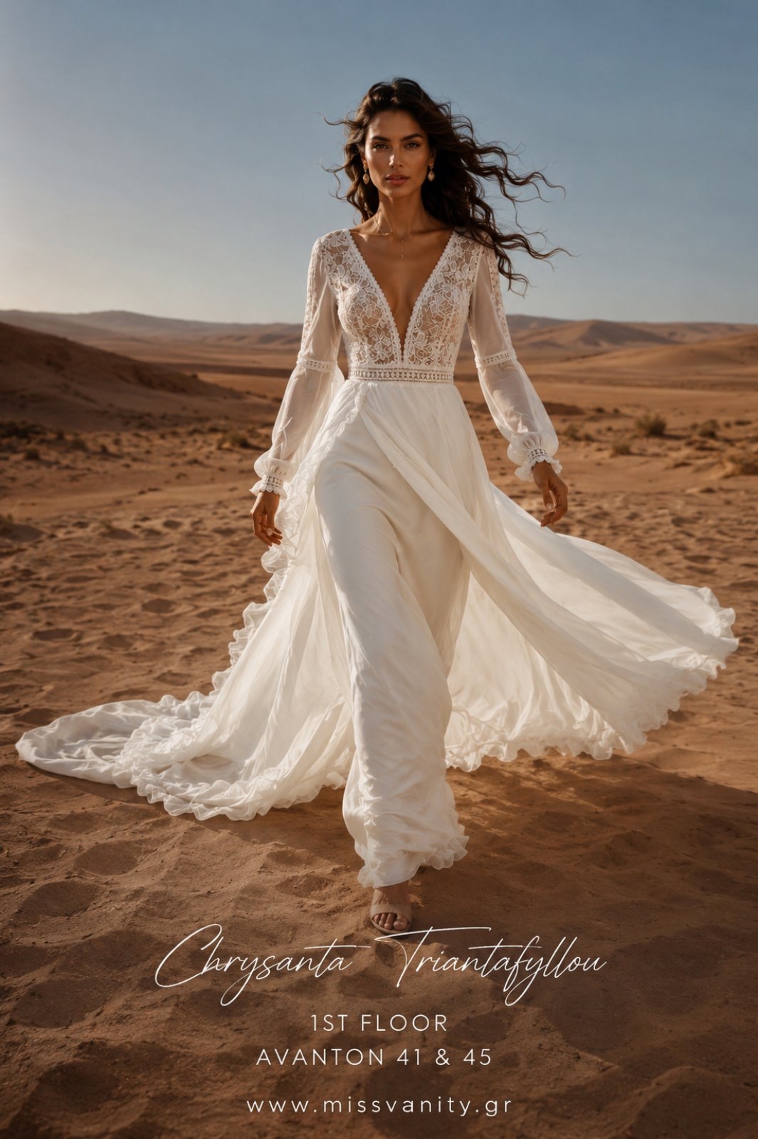 nyfiko boho me dantela kai aerinh oura(1) Bride wearing a flowing white lace wedding dress walks across a desert landscape at sunset.