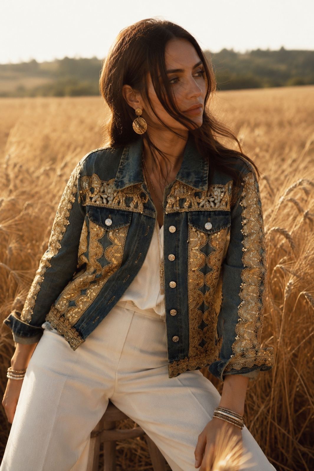 tzin mpoufan me xruso kenthma kai pagietes(1) Woman posing in a golden-hour field wearing a decorated denim jacket with gold embroidery and large earrings, looking to the side.