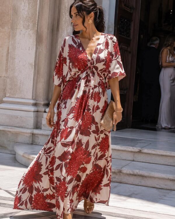 Maxi floral φόρεμα σε εκρού & μπορντό/MISS VANITY