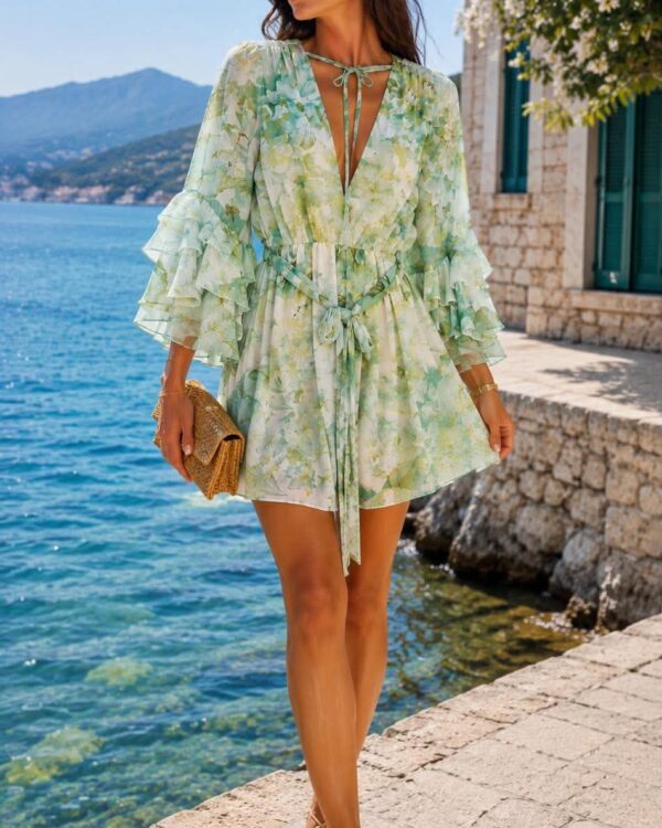 Woman in a mint-green floral wrap dress with ruffled sleeves standing on a stone seaside promenade, blue water and mountains in the background.