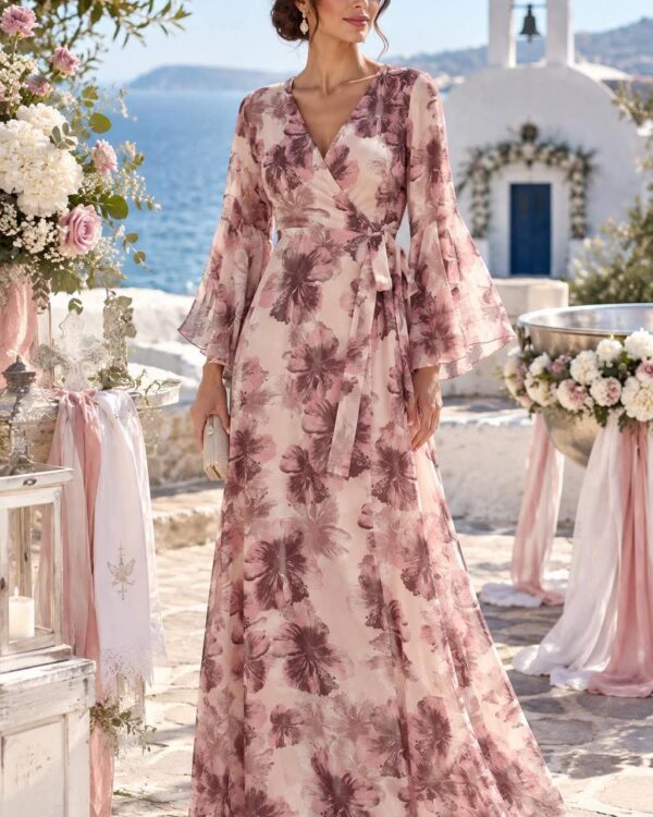 Μακρύ floral φόρεμα σε ροζ αποχρώσεις με κρουαζέ ντεκολτέ -MISS VANITY
